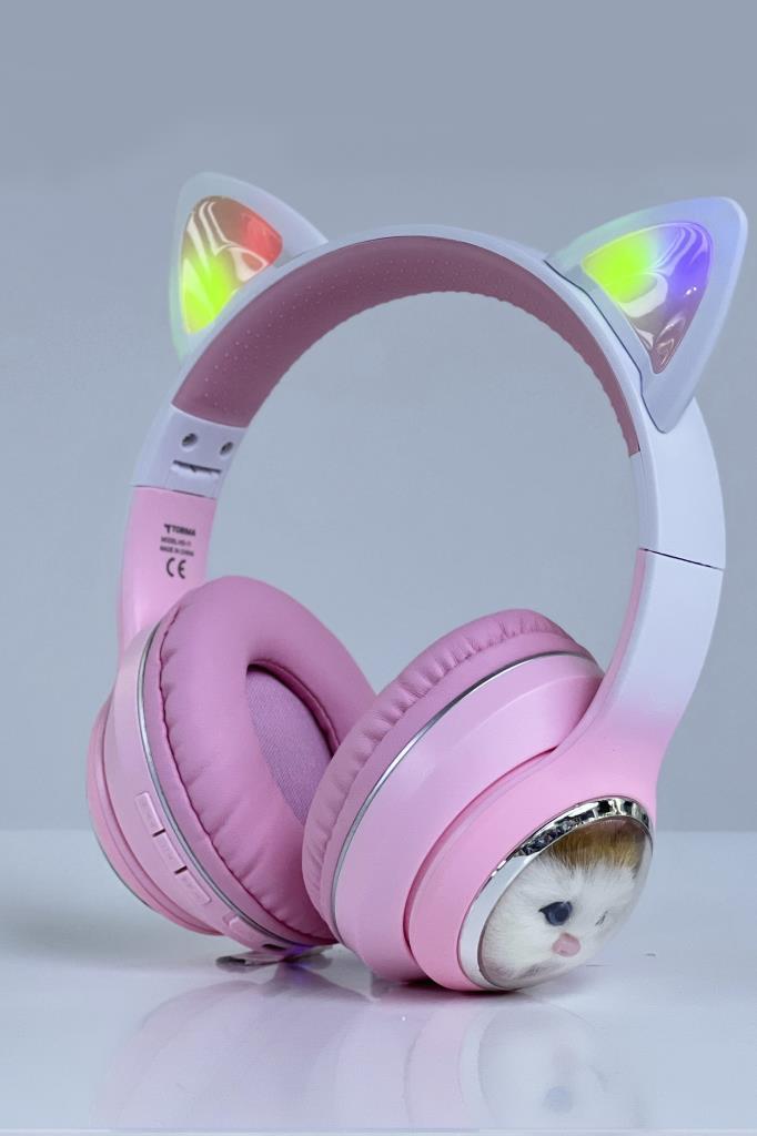 Torima%20HD11%20Pembe%20Sevimli%20Kedi%20Karikatür%20Kulak%20Led%20Işıklı%205.3%20Bluetooth%20Kulak%20Üstü%20Kulaklık