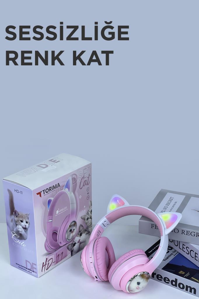 Torima%20HD11%20Pembe%20Sevimli%20Kedi%20Karikatür%20Kulak%20Led%20Işıklı%205.3%20Bluetooth%20Kulak%20Üstü%20Kulaklık