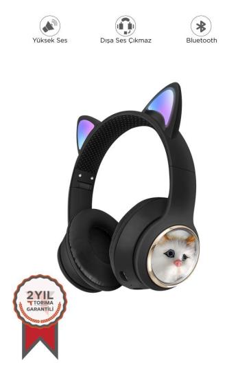 Torima HD11 Siyah Sevimli Kedi Karikatür Kulak Led Işıklı 5.3 Bluetooth Kulak Üstü Kulaklık