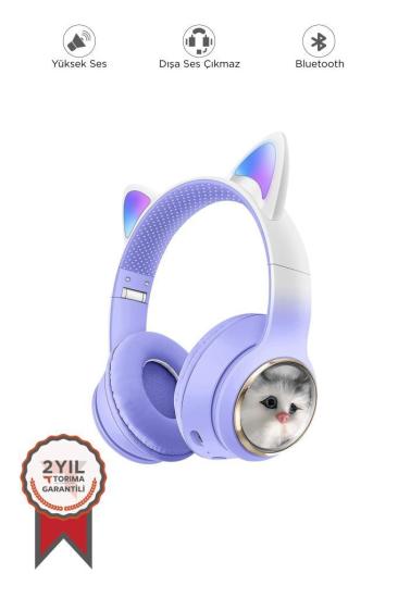 Torima HD11 Mor Sevimli Kedi Karikatür Kulak Led Işıklı 5.3 Bluetooth Kulak Üstü Kulaklık